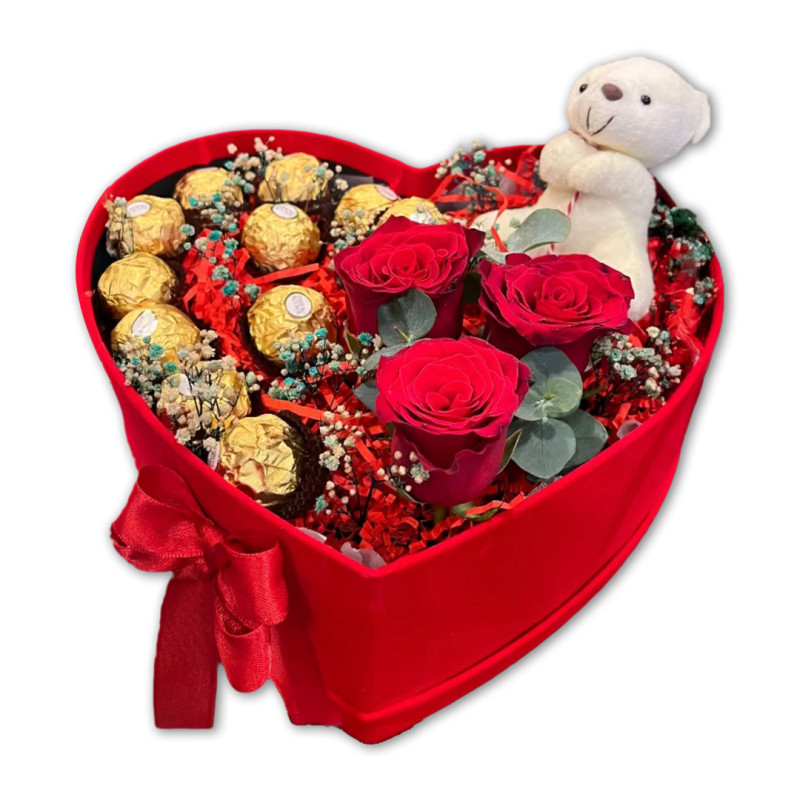 KİŞİYE ÖZEL TASARIM ÇİKOLATALI VE AYICIKLI KALP KALP KUTU 